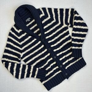 LL Bean Signature Cardigan Sweater Shawl Collar Stripe Men M Blue White Button